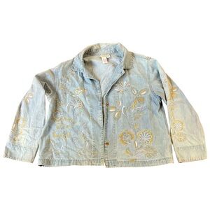 Coldwater Creek Light Blue Jean Jacket with Gold & White Embroidery Petite Large
